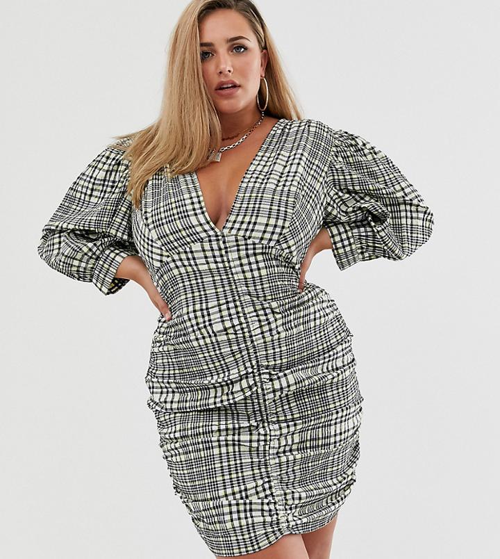 Asos Design Curve Ruched Mini Dress With Puff Sleeves In Check Print - Multi