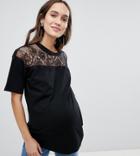 Asos Design Maternity T-shirt With Lace Yoke Panel - Black