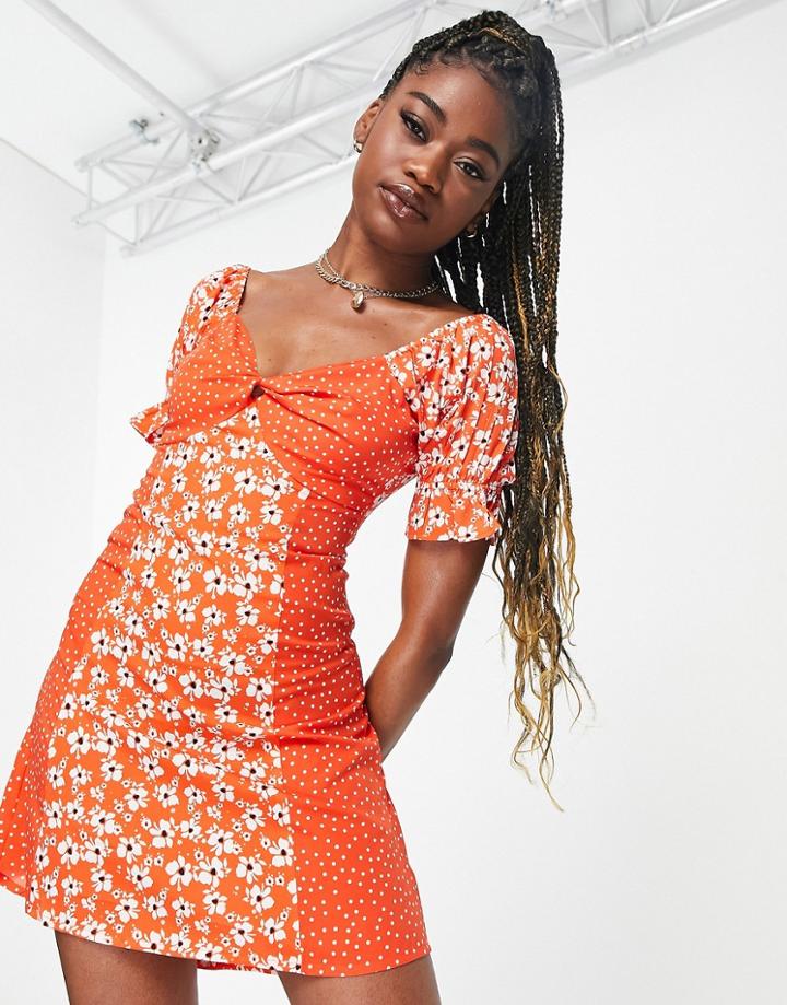 Influence Puff Sleeve Front Tie Mini Dress In Mixed Red Floral