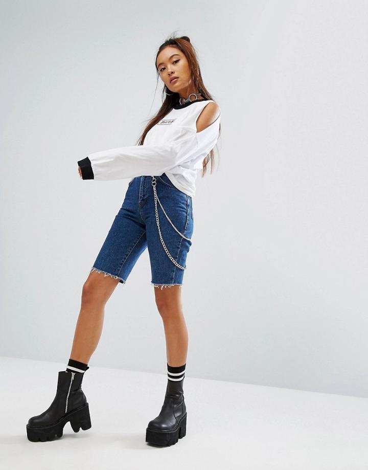 The Ragged Priest Skater Denim Shorts With Chunky Chain - Blue