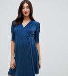 Asos Design Maternity Mini Plisse Dress With Button Detail - Blue
