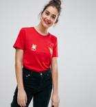Monki Xmas Tee With Gold Bells On Boobs In Red - Red
