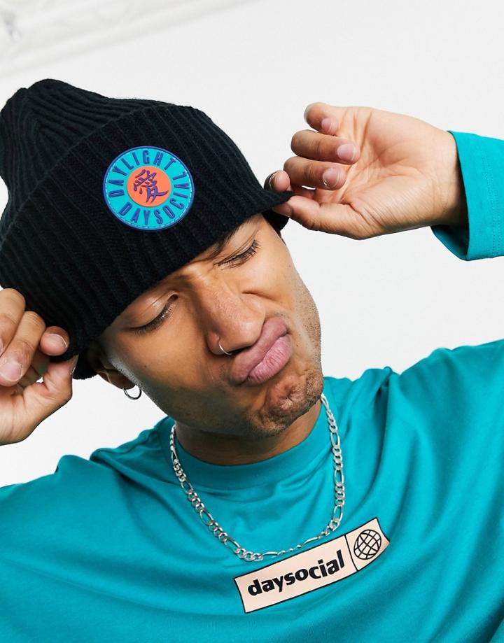 Asos Daysocial Rib Beanie With Deep Turn Up And Logo In Black