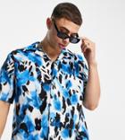 Selected Homme Oversized Shirt With Revere Collar In Blue Leopard Print Exclusive At Asos-blues