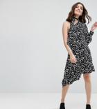 Asos Petite One Sleeve Scarf Neck Tie Midi Polka Dot Dress - Black