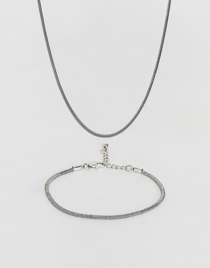 Designb Snake Chain Necklace & Bracelet Pack - Silver
