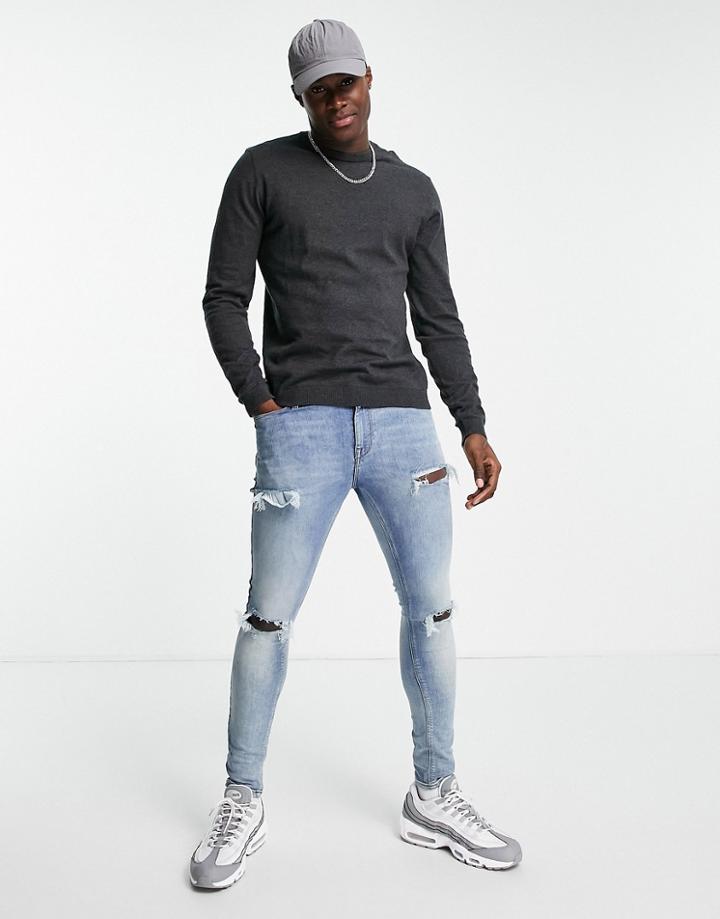 Asos Design Knitted Cotton Sweater In Charcoal Heather-grey