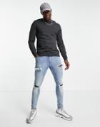Asos Design Knitted Cotton Sweater In Charcoal Heather-grey