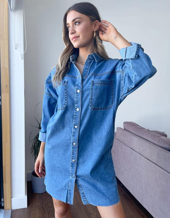 New Look Oversized Denim Shirt In Mid Blue-blues