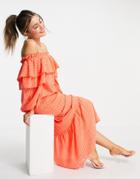 Asos Design Textured Off Shoulder Maxi Dress In Coral-pink