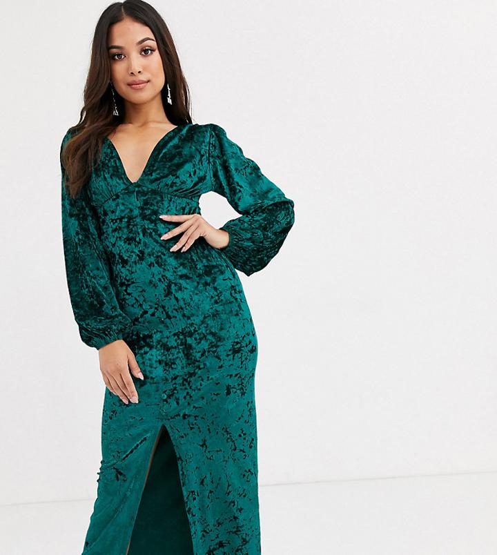 Asos Design Petite Long Sleeve Button Through Velvet Maxi Dress-green