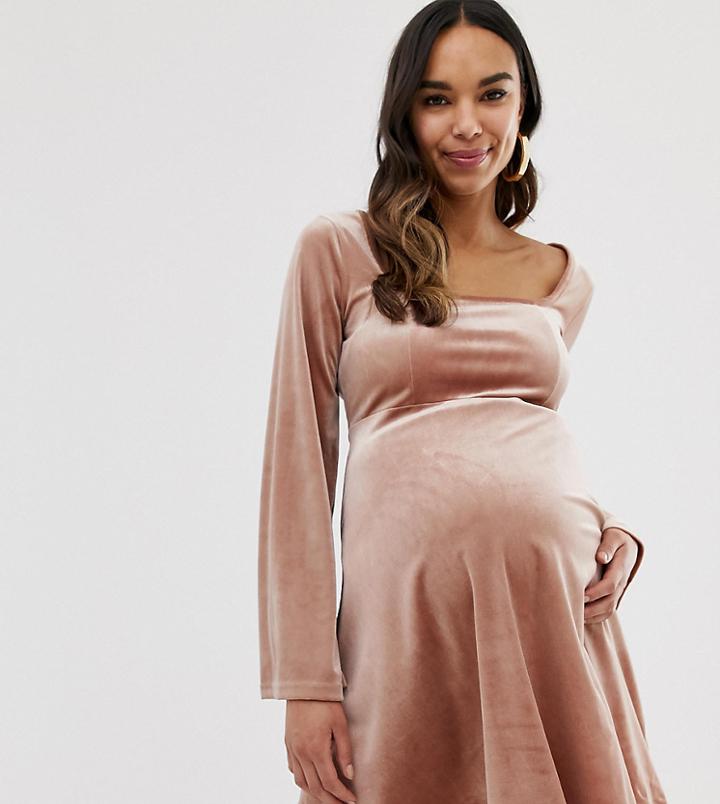 Asos Design Maternity Mini Velvet Skater Dress With Bust Seaming-pink