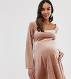 Asos Design Maternity Mini Velvet Skater Dress With Bust Seaming-pink