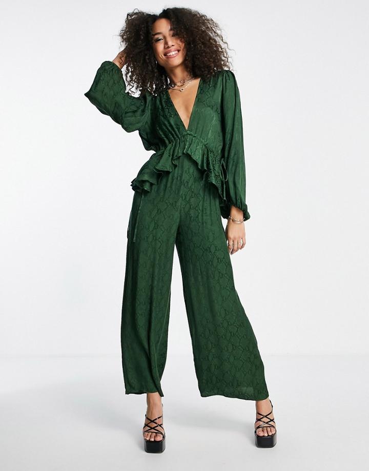Topshop Snake Jacquard Ruched Waist Jumpsuit In Khaki-green