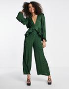 Topshop Snake Jacquard Ruched Waist Jumpsuit In Khaki-green