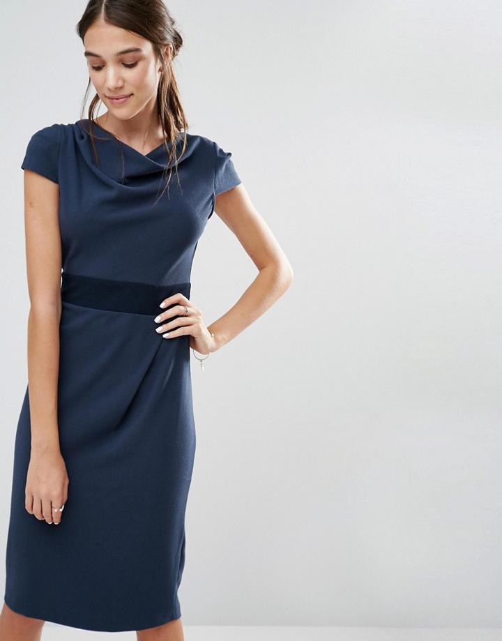 Closet Contrast Waist Cowl Tie Dress - Blue