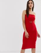 Club L Bandeau Midi Dress With Gold Trim Belt - Red