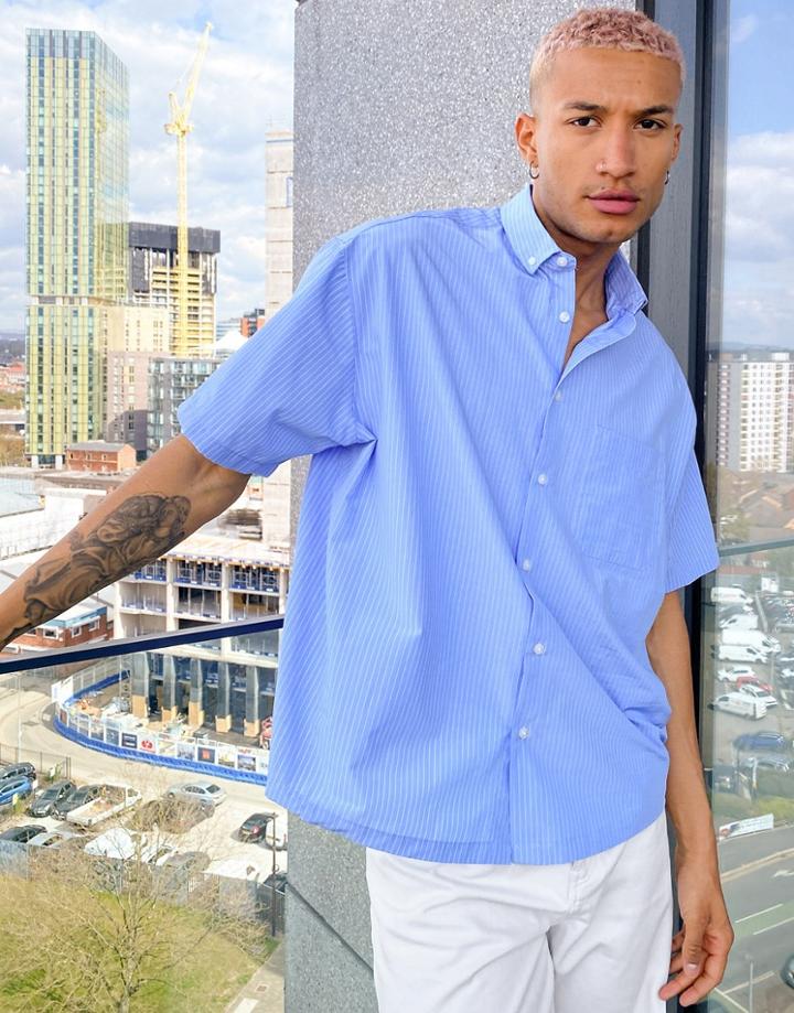 Asos Design Boxy Oversized Shirt In Vertical Stripe-blues