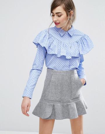 E.f.l.a Ruffle Top Shirt In Polka Dot - Blue