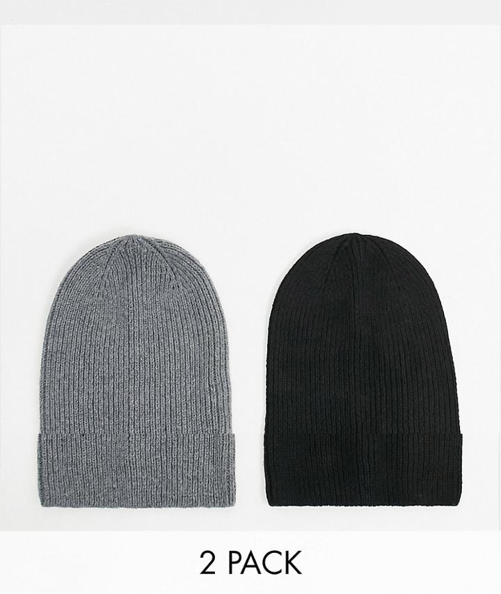 Asos Design 2-pack Slouchy Beanies In Gray And Black-multi