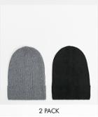 Asos Design 2-pack Slouchy Beanies In Gray And Black-multi
