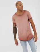 Asos Design Relaxed Super Longline T-shirt With Curved Hem Roll Sleeve And Scoop Neck In Pigment Wash - Brown