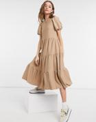 Asos Design Oversized Textured Midi Smock Dress In Dark Taupe-neutral