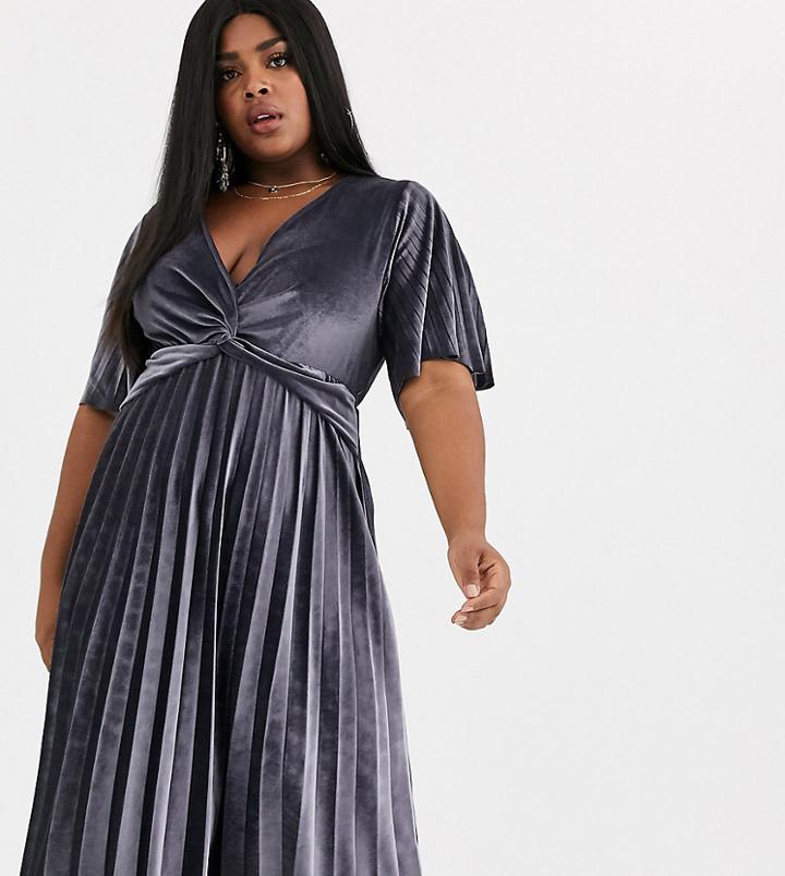Asos Design Curve Twist Detail Pleated Kimono Midi Dress In Velvet