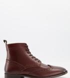 Asos Design Wide Fit Brogue Boots In Brown Leather With Black Sole
