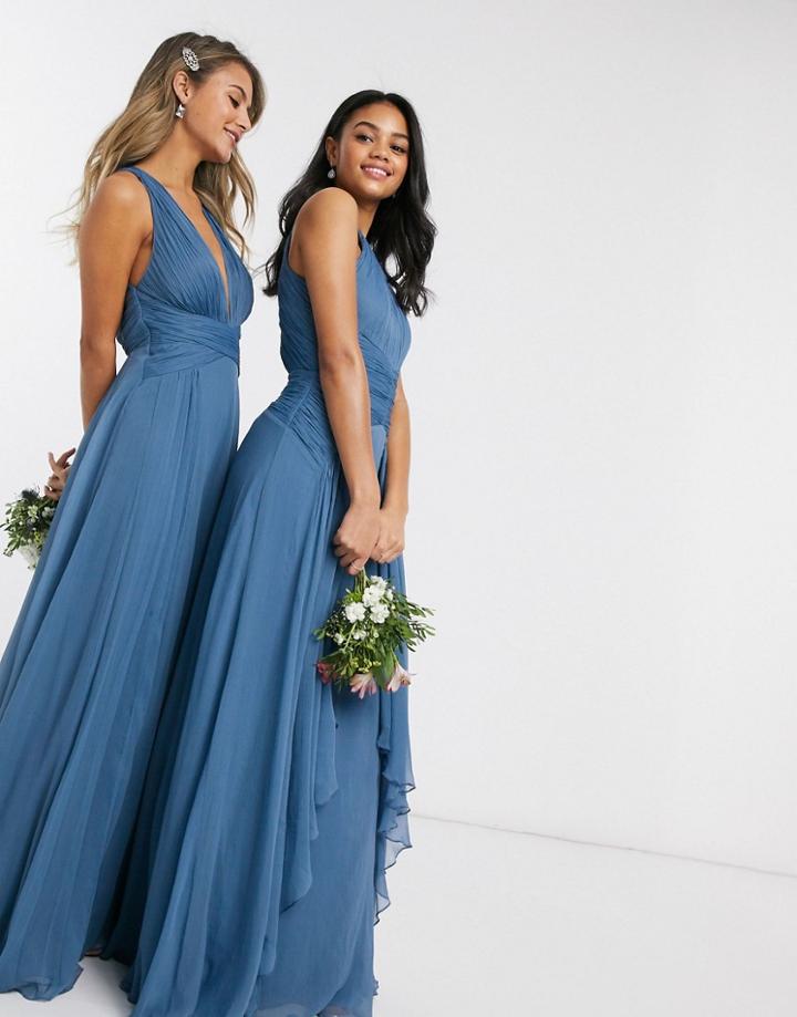 Asos Design Bridesmaid Pinny Maxi Dress With Ruched Bodice And Layered Skirt Detail In Blue