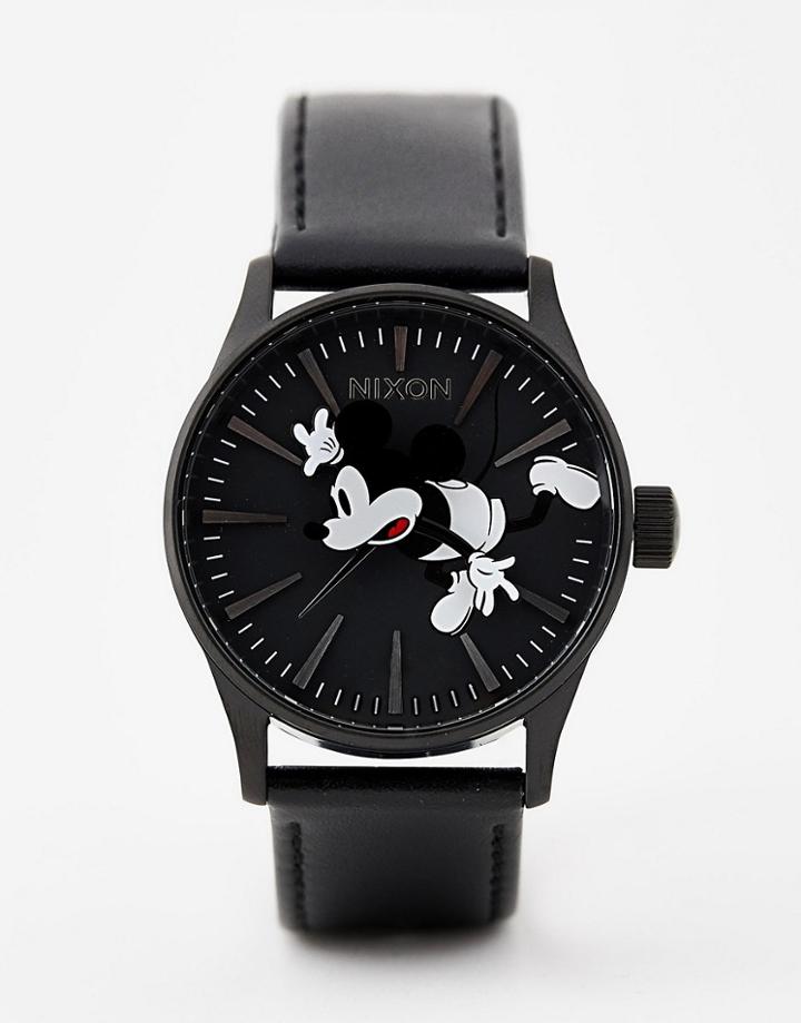 Nixon X Mickey Mouse Sentry Leather Watch In Black - Black