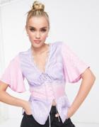 Asos Design Tee Blouse In Mixed Jacquard With Lace Trim-multi