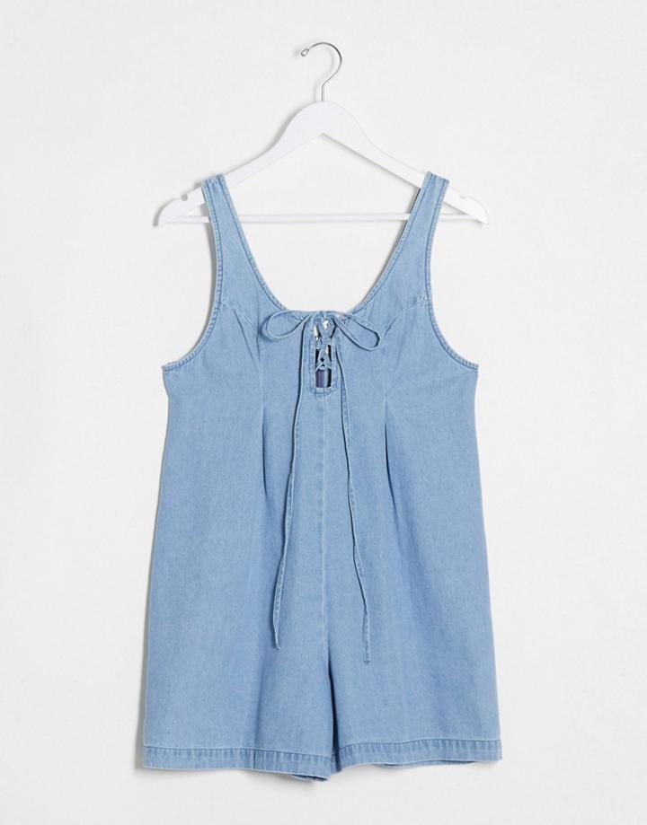 Asos Design Soft Denim Lace Up Romper In Lightwash Blue