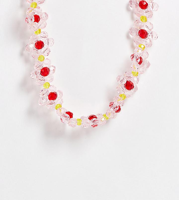 Pieces Exclusive Beaded Flower Necklace In Pink