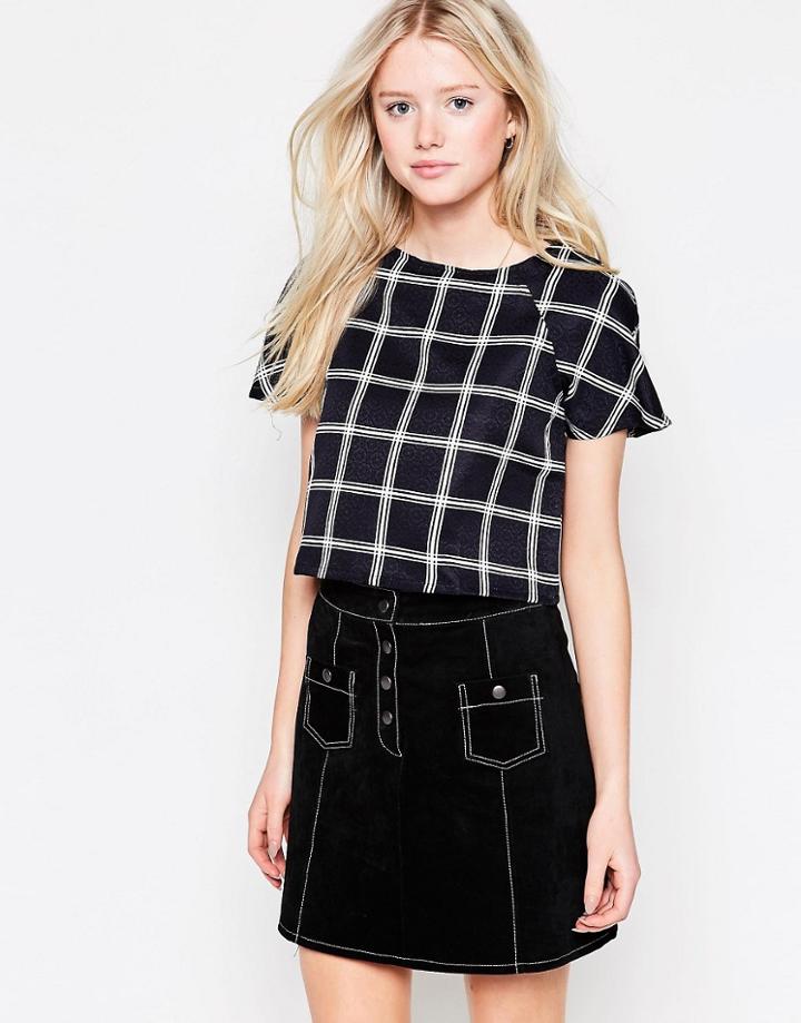 Daisy Street Crop Top In Grid Print - Black