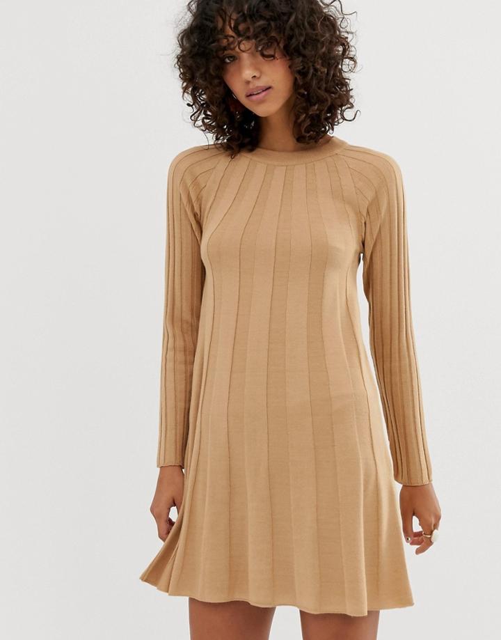 Asos Design Rib Swing Dress In Knit-stone