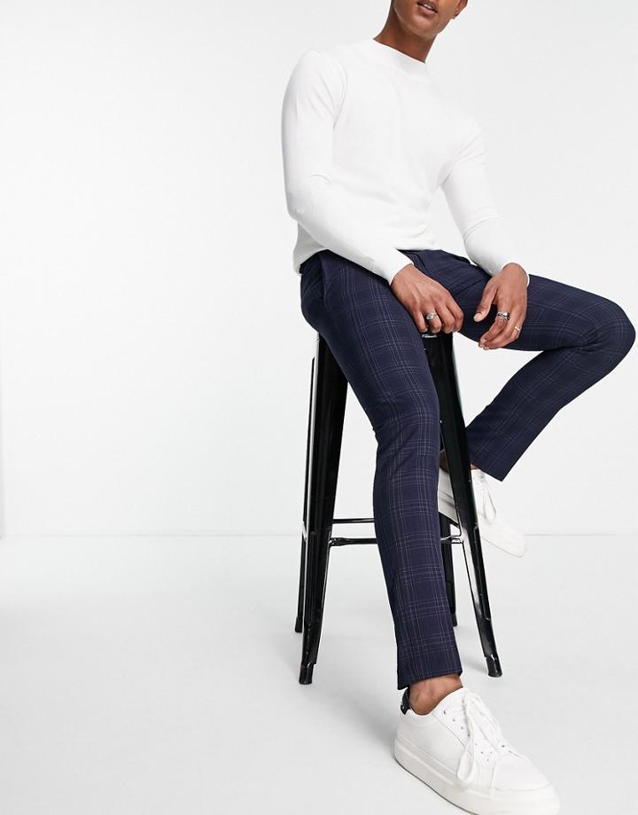 River Island Skinny Check Pants In Navy