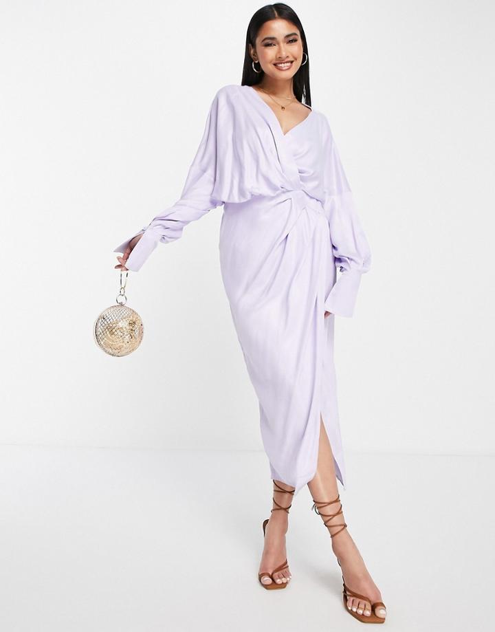 Asos Edition Satin Drape Midi Dress With Wrap Bodice And Skirt In Lilac-purple