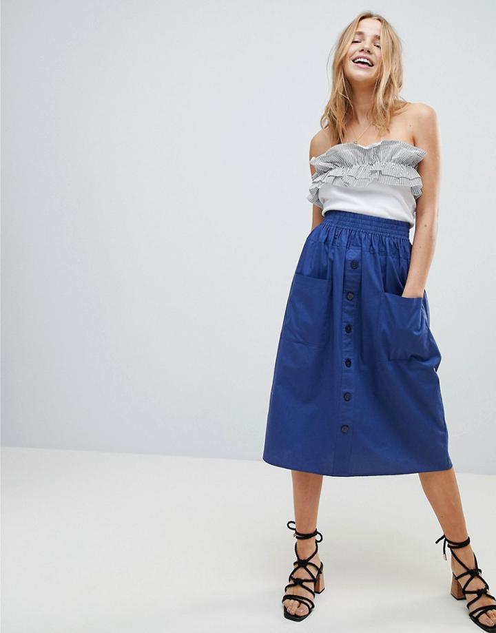 Asos Cotton Midi Skirt With Button Front - Navy