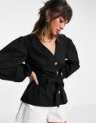 Asos Design Cotton Button Through Top With Tie Waist In Black