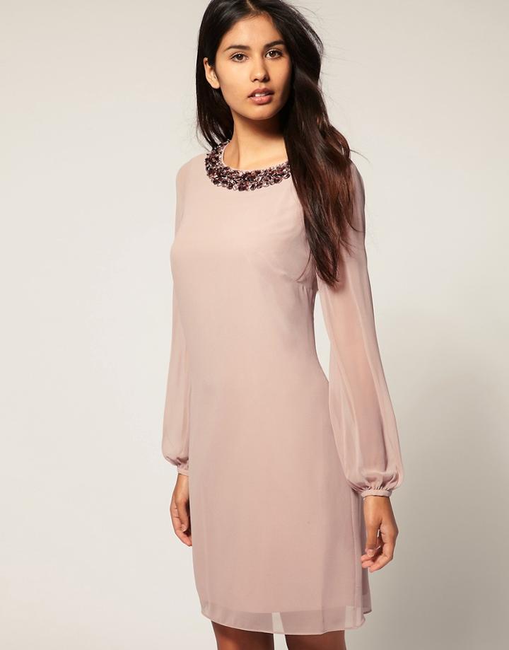 Coast Antonia Dress With Beaded Neck - Gray