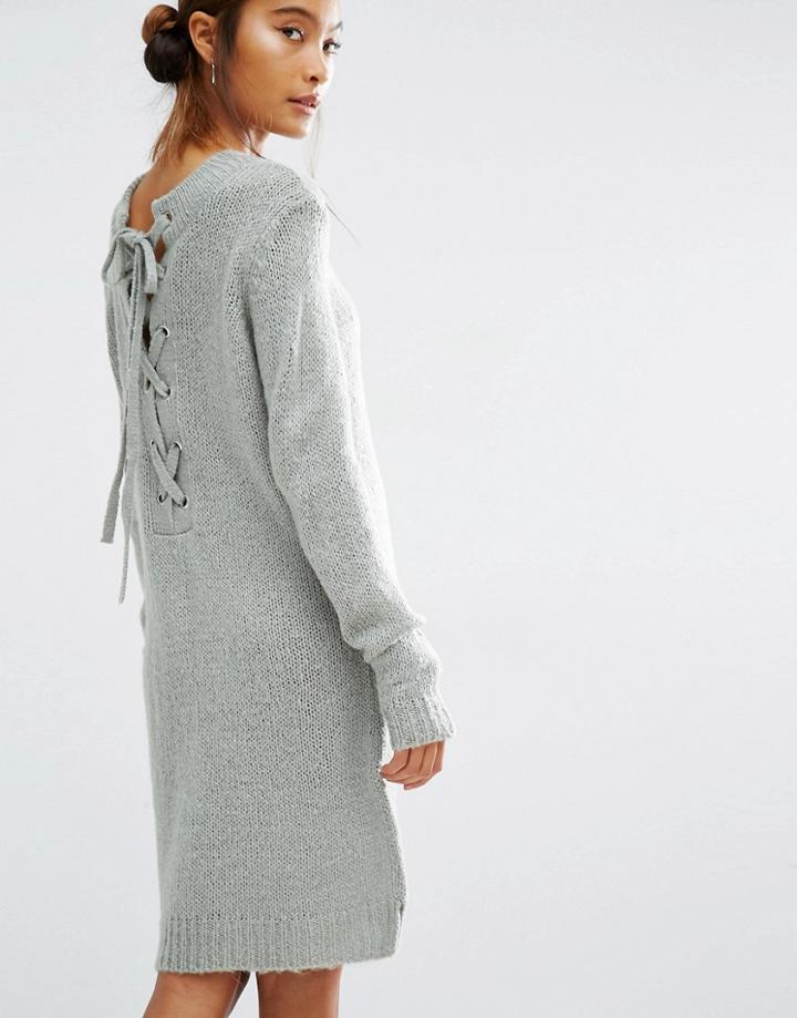 First & I Lace Up Back Knit Dress - Gray