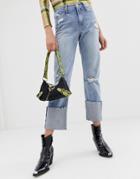 River Island Boyfriend Jeans With Turn Ups In Mid Wash-blue