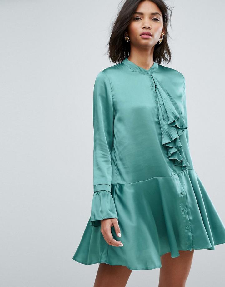Sister Jane Mini Dress In Satin With Pleats And Frills - Green