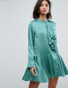 Sister Jane Mini Dress In Satin With Pleats And Frills - Green
