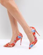 Aldo Heeled Court Shoe In Red Floral Print - Orange
