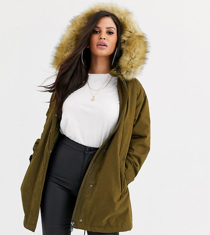 Asos Design Petite Ultimate Parka In Khaki - Green