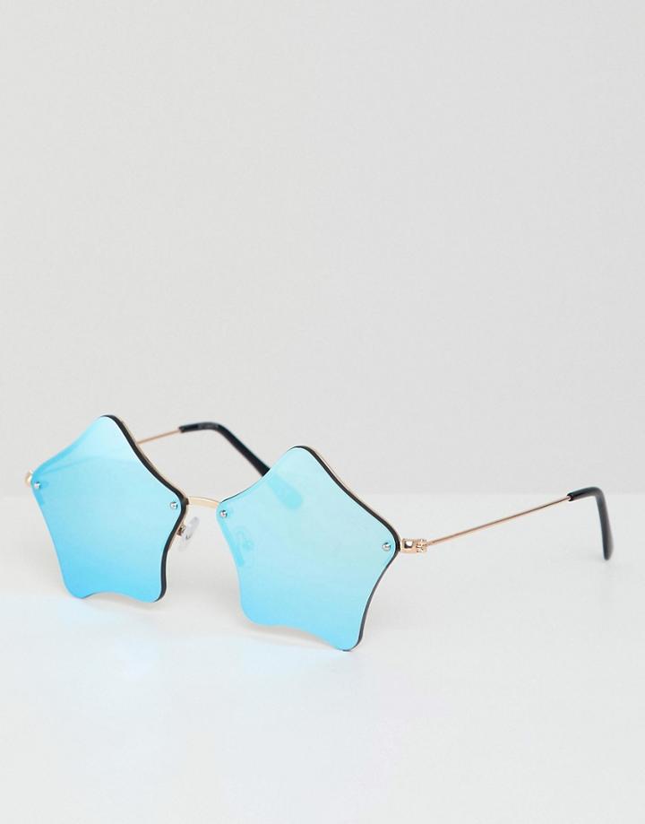 Asos Design Star Sunglasses In Gold With Blue Mirrored Lens - Blue