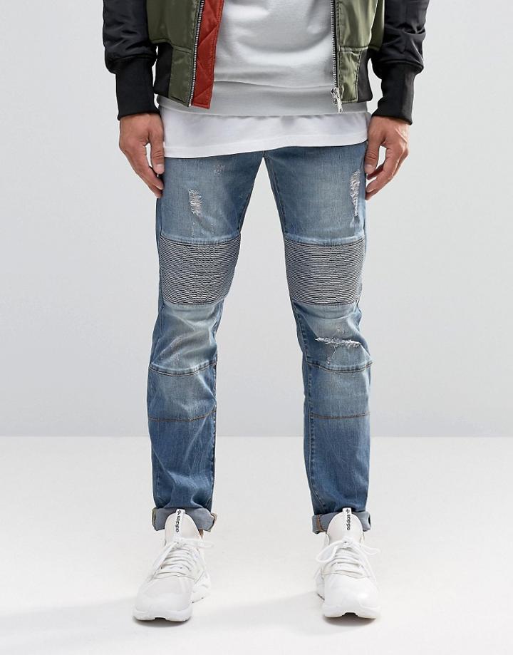 Sixth June Skinny Biker Jeans With Ripped Knees - Blue
