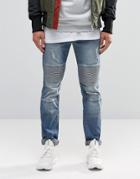 Sixth June Skinny Biker Jeans With Ripped Knees - Blue
